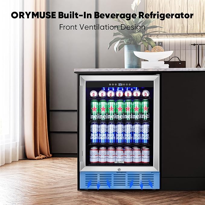 24" Beverage Refrigerator & Cooler, 180 Cans Under Counter Fridge with Lock, Glass Door & Powerful Cooling Compressor - Quiet, Built-in/Freestanding Drink Fridge-CasaMuseHome
