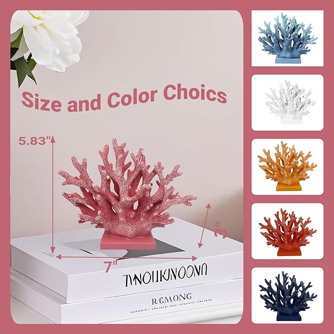 5.8" H Pink Coral Decor - Resin Coral Statue, Nautical Decor for Home, Bedroom, Bathroom, Living Room, Ocean Themed Cabinet Shelf Tabletop Decoration-CasaMuseHome