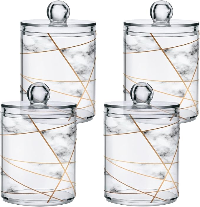 2 Pack Qtip Holder Dispenser White Marble Gold Line Bathroom Storage Canister Lid Acrylic Plastic Apothecary Jar Set Vanity Makeup Organizer for Cotton Swabs/Pads/Floss-CasaMuseHome
