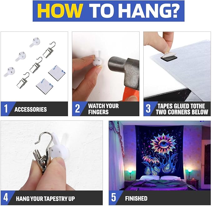 ADDWel Blacklight Sunflower Tapestry, Hippie Eye Tapestry Glow In The Dark, UV Reactive Black Light Upright Posters Wall Hanging for Bedroom Dorm Living Room Backdrop Decor-CasaMuseHome