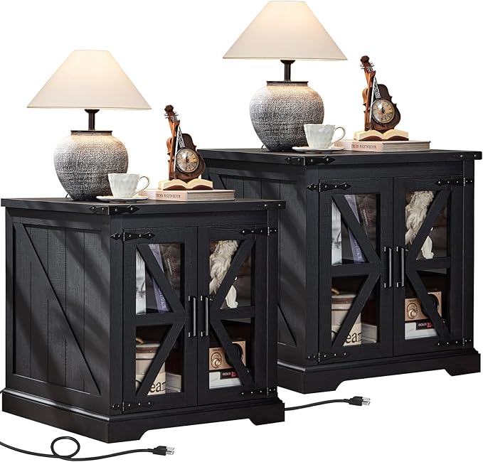 24" End Table Set of 2 with Charging Station, Farmhouse Night Stand with Glass Barn Door, Nightstands with Adjustable Storage Shelf, Large Wood Square Bed Side Table for Living Room,Bedroom-CasaMuseHome