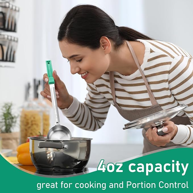 16 Pcs Portion Control Serving Spoons, Restaurant Measuring Serving Ladle Utensils, Portion Control Slotted Scoops for Weight Loss, Solid and Perforated Scoops(Green,4 oz)-CasaMuseHome