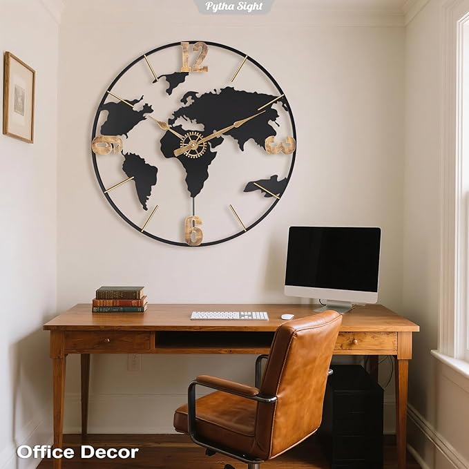 24 Inch Large Wall Clock,Modern Decorative Big World Map with Vintage Gold Arabic Numeral Extra Giant Metal Oversized Wall Clocks for Living Room,Office,Kitchen,Dining Room,Bedroom-CasaMuseHome