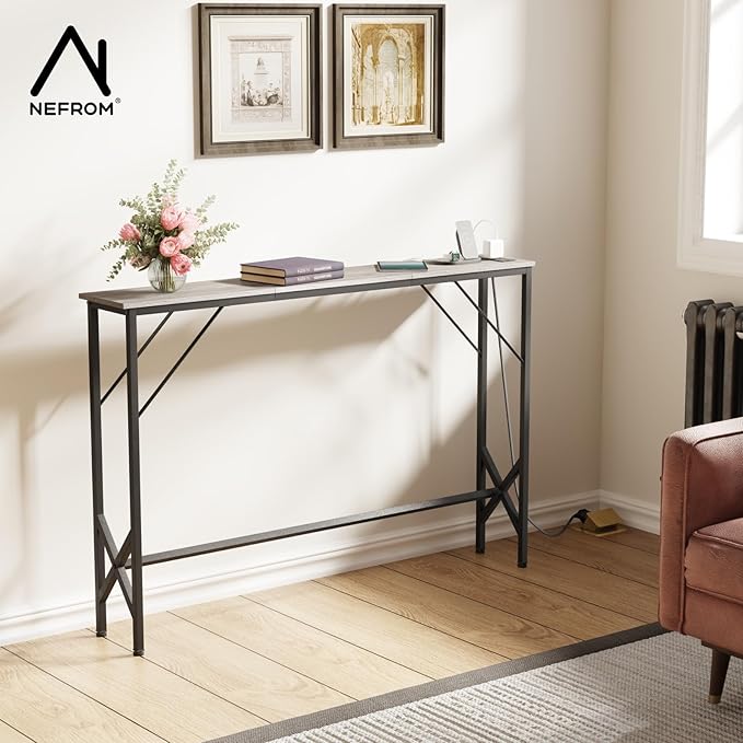 47.2'' Console Table, Skinny Entryway Table with Fast-Charging Station, Narrow Long Sofa Table, Behind Slim Couch Table for Entrance, Hallway, Living Room Decor ST-GY120-1-CasaMuseHome