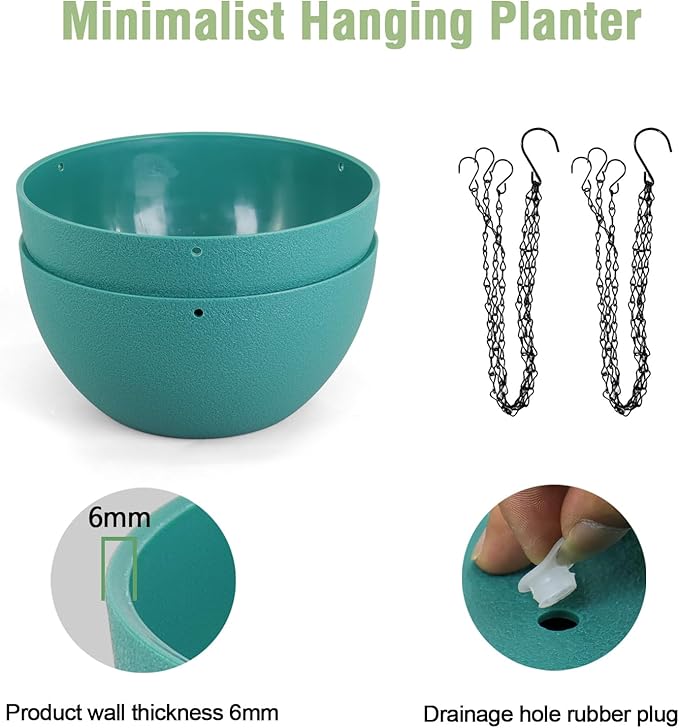 8 inch Small Hanging Planters Plant Pots for Indoor Outdoor Plants, 2 Pack Hanging Flower Pots with Drainage Holes and Chain for Garden, Plastic Hanging Baskets for House Plants, Blue Green-CasaMuseHome