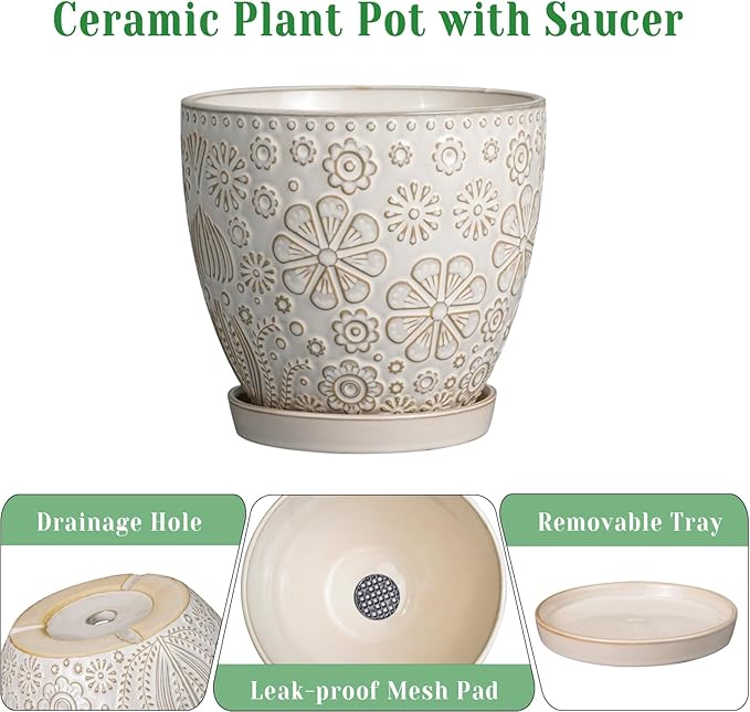 6.9 Inch Plant Pot with Drainage Hole and Saucer Ceramic Planter for Indoor Plant Flower Pot for Orchid Succulents Plants White-CasaMuseHome