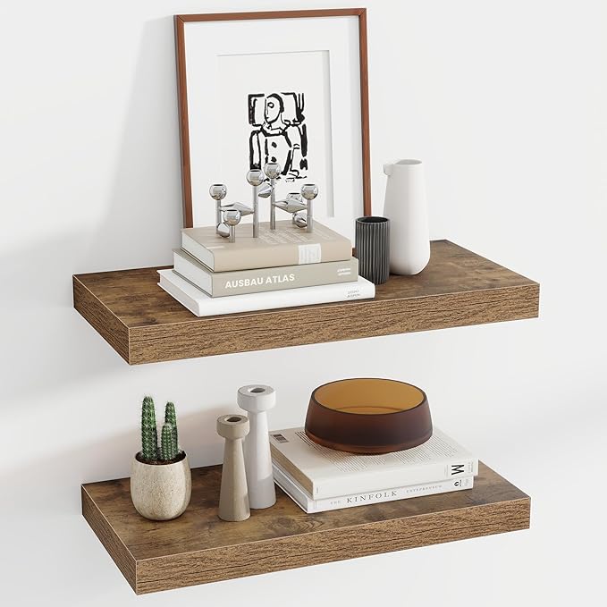 24 Inch Floating Shelves, 12 Inch Deep Floating Shelves for Wall, Floating Shelf with Invisible Brackets, Deep Shelves for Bathroom, Bedroom, Living Room, 2 Pack, Brown-CasaMuseHome