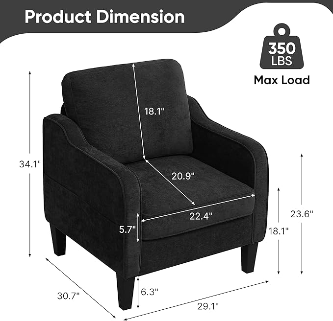 Accent Chair for Living Room, Mid Century Modern Reading Chair for Bedroom, Upholstered Armchair with Side Pockets, Comfy Single Sofa Side Chair for Office, Apartment, Small Room, Black-CasaMuseHome