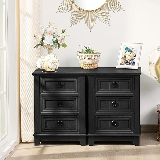 18" Night Stands Set of 2 with Charging Station, Farmhouse 2 & 3 Drawers End Table Dresser for Bedroom, Black Wooden Nightstand, Bed Side Table with Open Shelf, Bedside Cabinet for Living Room-CasaMuseHome