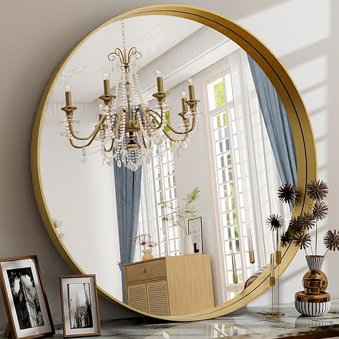 24 Inch Round Bathroom Mirror - Wall Mounted Circle Mirror with Metal Frame, Modern Mirror Suitable for Bathroom, Vanity, Entryway, Living Room, Wall Decor,Gold-CasaMuseHome
