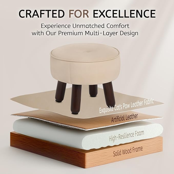 13in Small Foot Stool Ottoman, Round Faux Leather Foot Rest for Couch, Under Desk Pouf Footstool Footrest with Non-Skid Rubber Legs for Ling Room, Bedroom, 13''L x 13''W x 10.2''H, Beige-CasaMuseHome