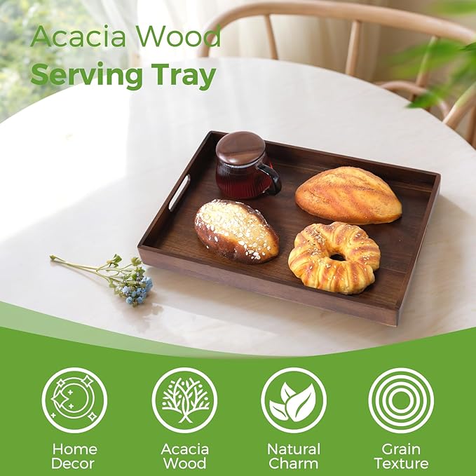 Acacia Wood Serving Tray with Handles, 17 Inch Wooden Tray for Ottoman, Breakfast, Lunch, Dinner, Decorative Rectangular Tray for Living Room, Kitchen Counter, Outdoor-CasaMuseHome