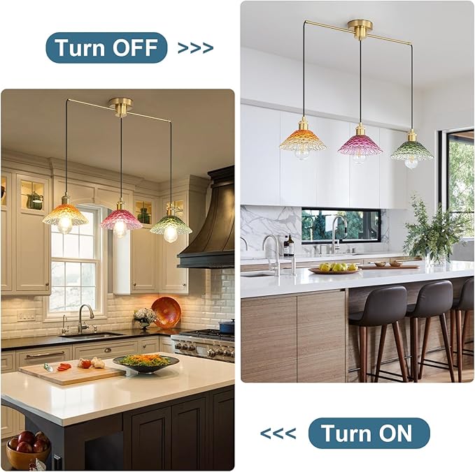 3-Light Pendant Lights Kitchen Island, Ceiling Hanging Lighting Fixtures, Colorful Vintage Glass Shade Pendants, Modern Gold Dining Room Chandeliers Height Adjustable for Farmhouse Living Room-CasaMuseHome