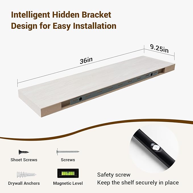 36 Inch Floating Shelves, 36"x9.25"x1.5" Inch Deep Floating Shelves for Wall, Wooden Shelves for Bathroom, Bedroom, Living Room, Cream White Oak-CasaMuseHome