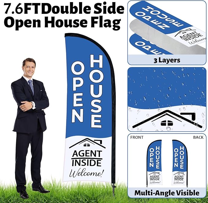 44 Pcs Open House Signs for Real Estate Agent Supplies, Double Sided Open House Flag Kit for Outside, 7.6 x 5.4 Ft Blue Banner Flag Poles Set with Directional Arrows Yard Sign Stakes Balloons-CasaMuseHome