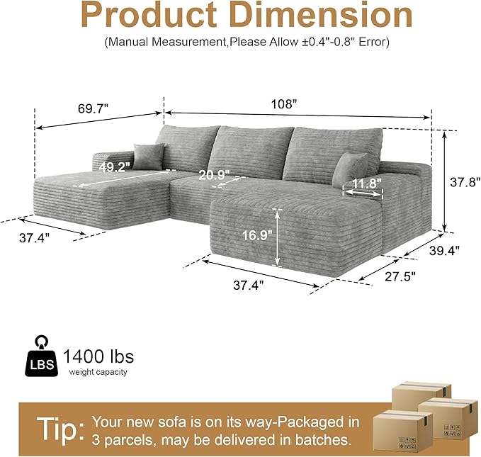 108" Sectional Couches for Living Room Modern Modular Sofa with L-Shape Couchs Upholstered Boneless Couch Deep Seat Sectional Couch with Chaise (Grey, Left Facing Chaise+2Seaters+1Ottoman)-CasaMuseHome