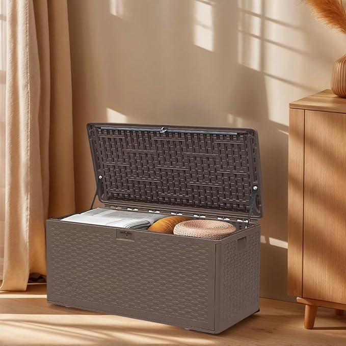 73 Gallon Large Storage Box with Lid,Waterproof Outdoor Storage Container for Patio Furniture Cushions, Gardening Tools, Pool Accessories, Lockable Resin Deck Box with handle Brown-CasaMuseHome