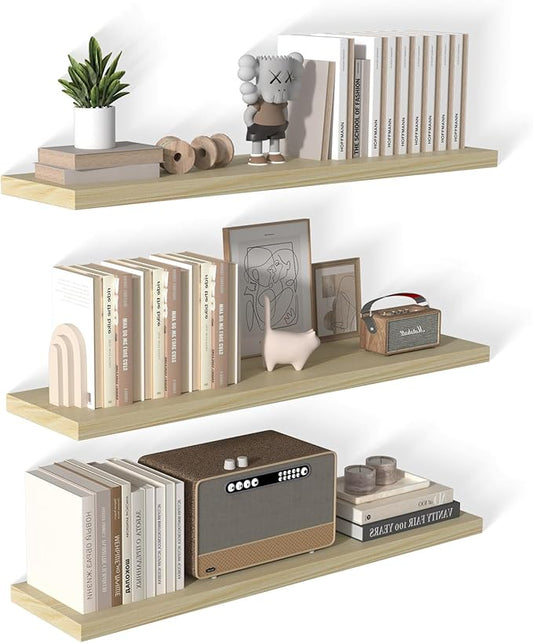 48 Inch Floating Shelf 3 Pack Large Floating Shelves for Wall No Drilling Accessories Included Deep Wall Shelves for Living Room Kitchen Farmhouse 48" W x 12" D x 1.2" Oak-CasaMuseHome