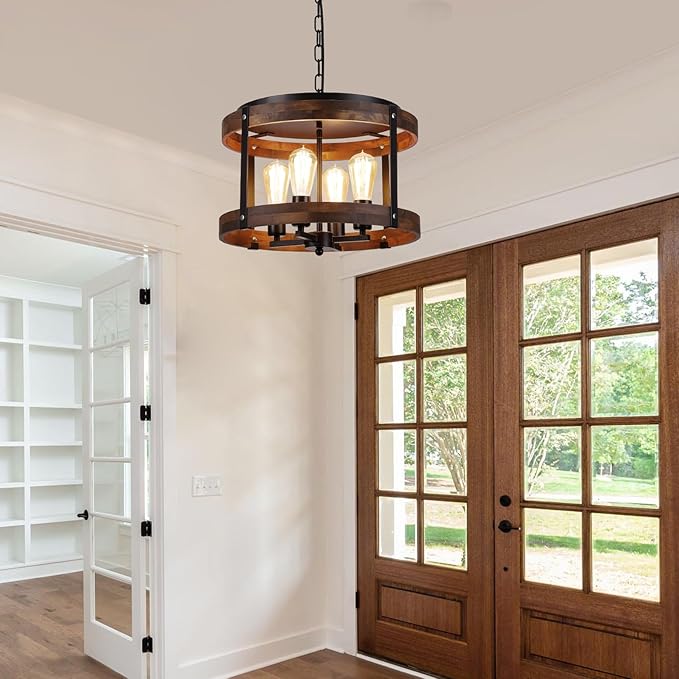 4-Light Large Rustic Farmhouse Plug in Pendant Light Fixture with Adjustable Chain, Dimmable Switch, 16.5 inch Oak Wood Drum Hanging Lamp for Dining Room Living Room Farmhouse Entry, Black-CasaMuseHome