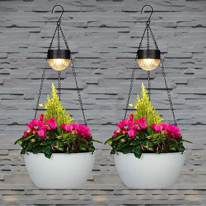 2 Packs Solar Hanging Basket Planters for Plants Outdoor, Self Watering White Flower Plants Pots with Solar Light Drainer for Balcony Patio Garden Outdoor Decoration-CasaMuseHome