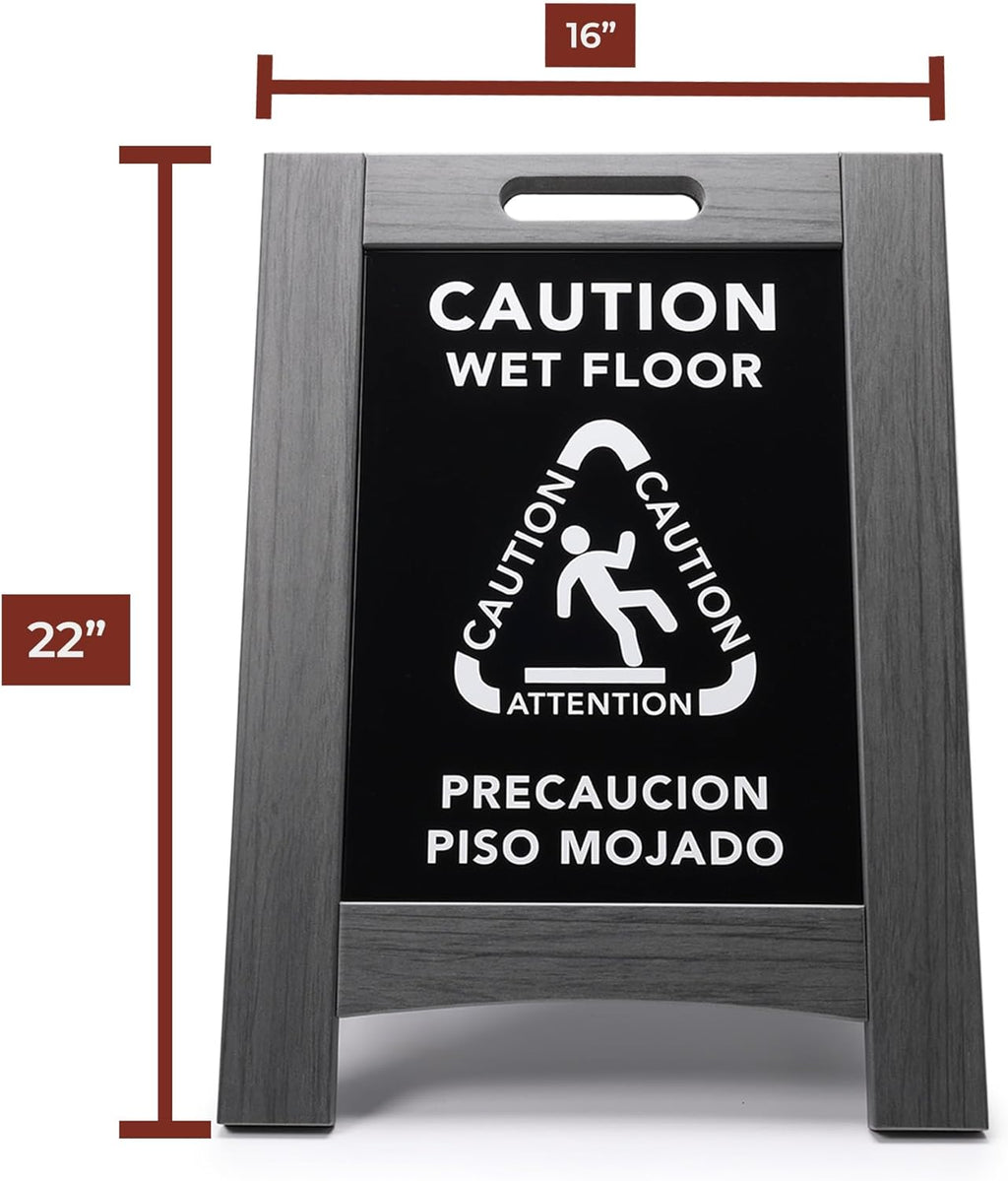 Premium Outdoor Composite Caution Wet Floor Sign – Bilingual w/Non-Skid Plastic Feet, Black Plate – For Hotels, Schools, Offices, Areas, Restrooms, Pool Decks - Grey (2 Pack)