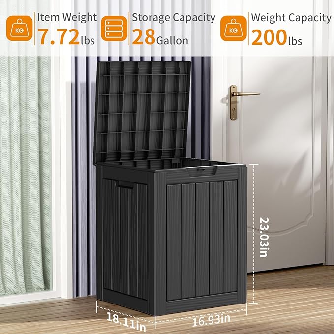 28 Gallon Outdoor Deck Box,Storage Lockable Waterproof Patio Furniture,Garden Tools,Cushions,Pool Accessories Outside Storage Resin Box(SM Black)-CasaMuseHome