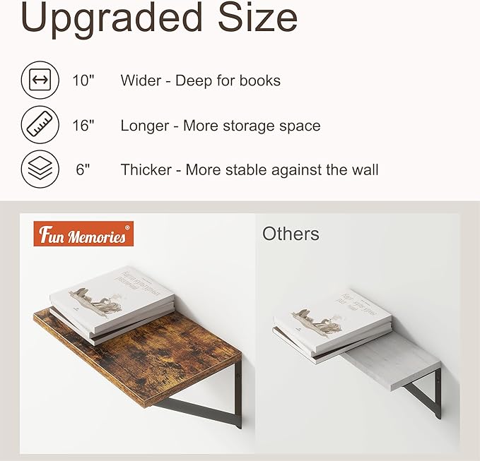 10 Inch Deep Floating Shelves, Floating Shelf 16 Inch Long, 16"W x 10"D Wall Shelves Set of 2, Deep Shelf for Books, Wide Floating Shelves for Bahtoom, Living Room, Kitchen, Rustic Brown-CasaMuseHome