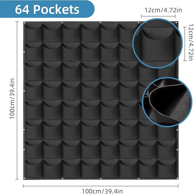 64 Pockets Hanging Planter Bags, Hanging Vertical Wall Mounted Plant Planting Grow Bags, Herb Garden Planter Outdoor Indoor Growing Bag, Gardening Vertical Greening Flower Container(1m×1m, Black)-CasaMuseHome