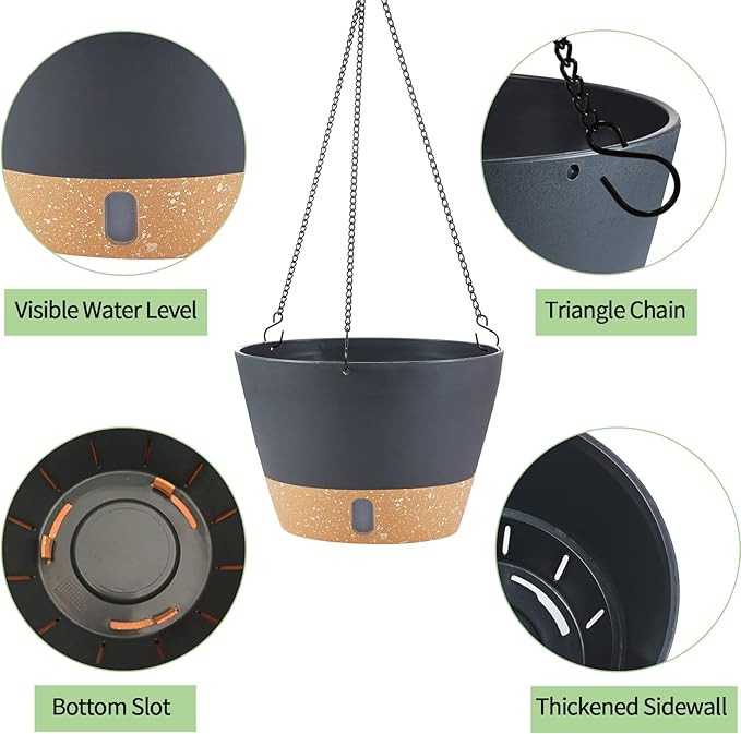 2 Pack Hanging Planters for Indoor Outdoor Plants, 10 Inch Hanging Flower Pot Basket with Drainage Hole with Removable Tray&Hooks Self Watering Plant Pot for Hanging Plants, Dark Grey-CasaMuseHome