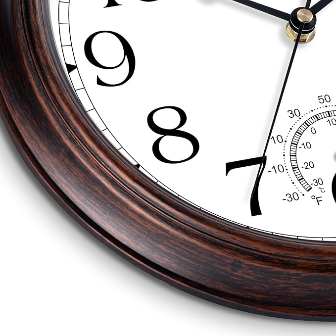 14 Inch Outdoor Wall Clock with Thermometers, Vintage Silent Wall Clocks Battery Operated, Retro Non-Ticking Clock Decorative for Living Room, Patio, Kitchen, Office, Bathroom, Bedroom(Bronze)-CasaMuseHome