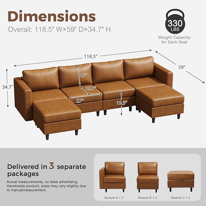 ABCASA 118.5" Oversized Modular Sectional Sofa, Faux Leather 6 Seater U Shaped Couch with Movable Ottoman and Storage Seat with Reversible Chaise Deep Seat for Living Room Brown-CasaMuseHome