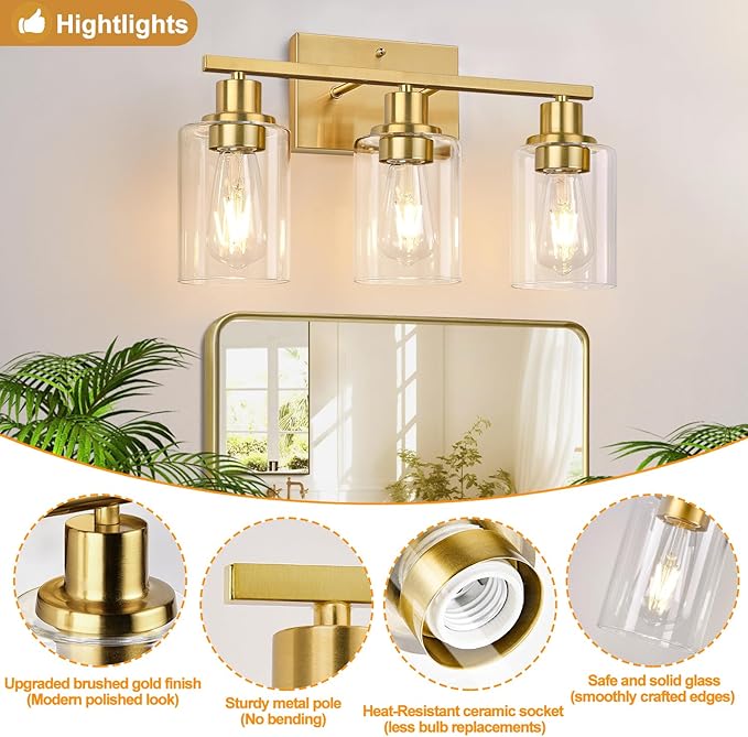 3-Light Vanity Lights with Clear Glass Shades, Brushed Gold Bathroom Light Fixtures Over Mirror, Modern Bathroom Wall Lamp for Mirror Living Room Cabinet Bedroom Porch-CasaMuseHome