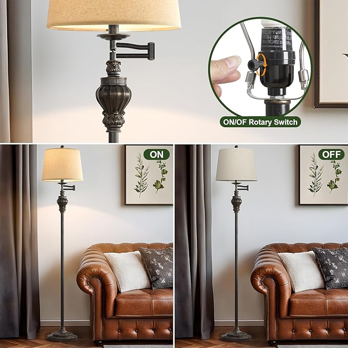 61" Vintage Floor Lamp with 350° Adjustable Swing Arm, Standing Lamp for Bedroom Living Room Bedside Nightstand Retro Farmhouse Mid Century Lamp Light Home Décor Office Gifts-CasaMuseHome