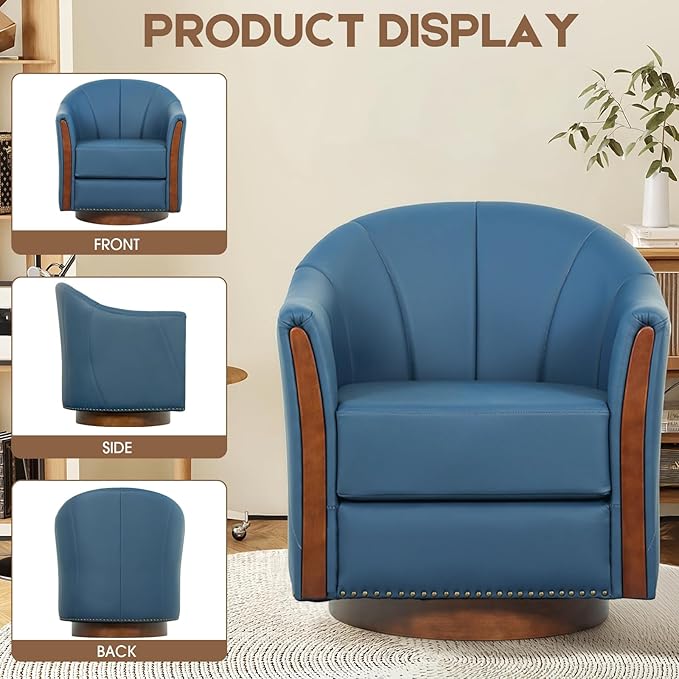 360° Swivel Accent Chair, Modern Leather Barrel Club Chair with Leather Upholstery and Sturdy Wood Base, Comfortable Armchair for Living Room, Bedroom, Reading Nook, Blue-CasaMuseHome
