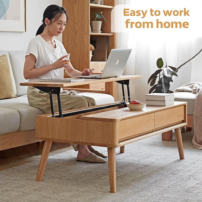 100% Solid Wood Lift Top Coffee Table for Living Room, Mid Century Modern Tables with Drawers and Large Storage, Oak Coffee Tables for Small Spaces (Oak Wood Log, 47.24" W x 23.62" D x 25.59" H)-CasaMuseHome