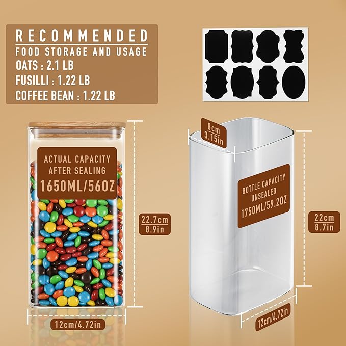 56oz Rectangle Airtight Glass Storage Containers with Bamboo Lids (Set of 4), Square Food Storage Jar, Pantry Organizers for Oats, Cereal, Pasta and Coffee beans (‎with Black Lable)-CasaMuseHome