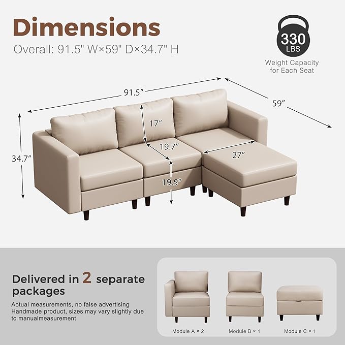 91.5" Faux Leather Modular Sectional Sofa, L Shaped Couch Set for Living Room, 3-Seater Comfy Cloud Couches with Movable Storage Ottoman,DIY Combination - Whitesand-CasaMuseHome
