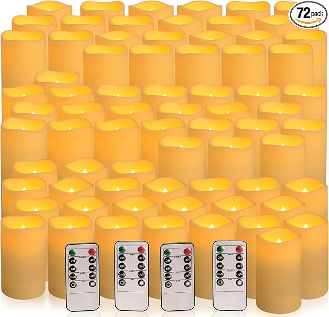 72-Pack Realistic Flameless LED Candle, Battery Operated with Remote Control, 3D Flame Pillar Timer Funtion Melted Top Safe,Perfect for Indoor/Outdoor Decor,Wedding,BBQ and Gift.-CasaMuseHome