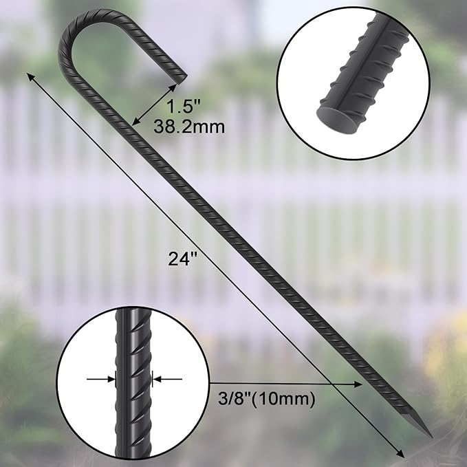 24 Inch Rebar Ground Stakes 3/8 Inch Tent Stakes Heavy Duty 12 Pack Steel Ground Anchors Chain Link Fence Stakes Trampoline Stakes with Chisel Point end for Swing Set and Camping Tent, Black-CasaMuseHome