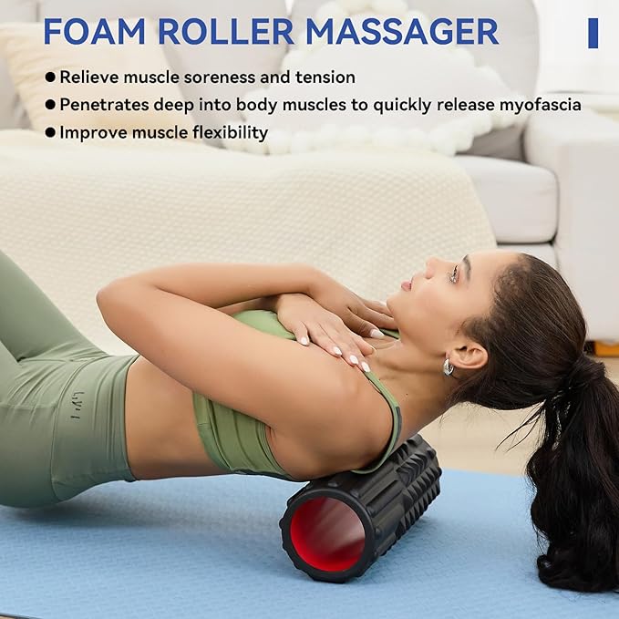 5 in 1 Foam Roller Set, High Density Foam Roller, Muscle Roller Stick, Massage Ball, Resistance Band for Physical Therapy & Deep Tissue Muscle Massage (Black)-CasaMuseHome