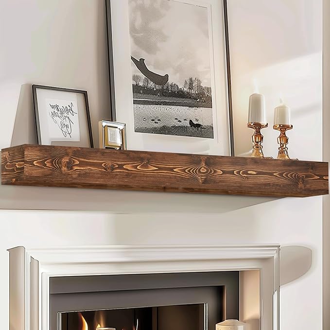 72x8x5 Fireplace Mantel - Handcrafted Hollow Rustic Solid Wood Wall Mounted Floating Shelf with Invisible Heavy Duty Wood Bracket (Weathered Brown)-CasaMuseHome