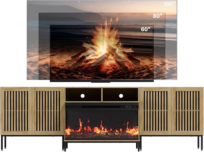 3-Sided Glass Farmhouse Fireplace TV Stand for TVs Up to 100 Inch, Entertainment Center with 36" Electric Fireplace, Oak TV Console with Storage Cabinets for Living Room-CasaMuseHome