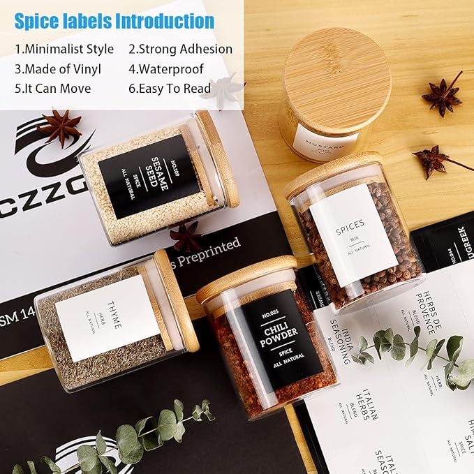 12 Pcs Glass Spice Jars With 296 Spice Labels Preprinted of White and Black Color- 6oz Thicken(2.4mm) Spice Containers With Bamboo Airtight Lids - Empty Small Herb Seasoning Jars-CasaMuseHome