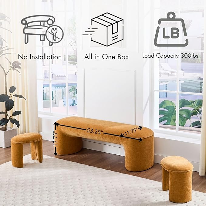 3-Piece 53" Comfy Upholstered Dining Bench with 2 Ottomans, Accent Waterfall Bench Modern End of Bed Entryway Bench Vanity Stool，Pumpkin Chenille-CasaMuseHome