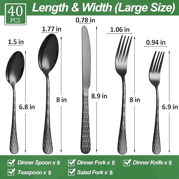 40 Pcs Black Silverware Set for 8 with Water Cube Handle design, Food Grade Stainless Steel Flatware Set, Eating Utensils Sets Include Fork/Knife/Spoon, Reusable Cutlery Set, Dishwasher Safe-CasaMuseHome
