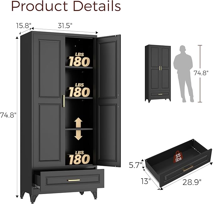 75" Kitchen Pantry Cabinet with Drawer, Metal Storage Cabinets with Doors and Adjustable Shelves, Black Tall Pantry Cabinet for Dinning Living Room, Home Office-CasaMuseHome