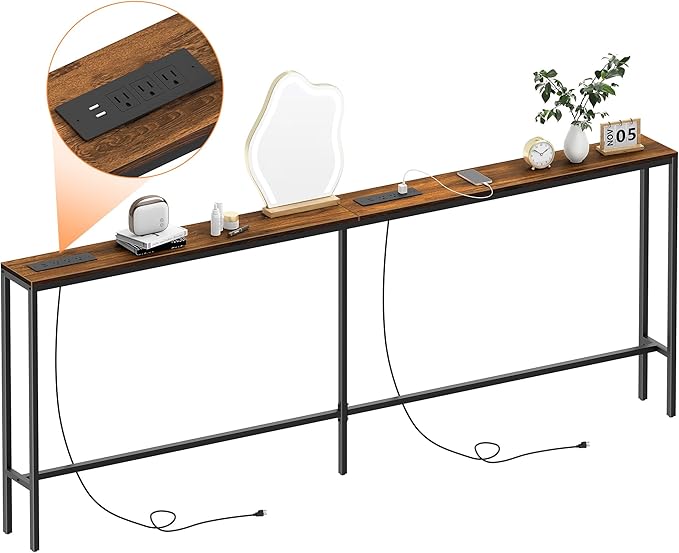 80.7'' Narrow Sofa Table with 2 Power Outlets (6 AC Outlets & 4 USB Ports), Thin Console Tables Narrow Long, Behind Couch Table Skinny for Entryway, Living Room, Hallway, Foyer, Rustic Brown-CasaMuseHome