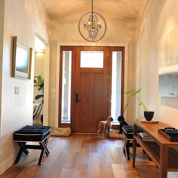 18" Crystal Globe Sputnik Chandelier, 6-Light Black Gold Modern Adjustable Hanging Ceiling Pendant Light Fixture for Entryway Foyer Stairway Bedroom Dining Living Room Hallway-CasaMuseHome