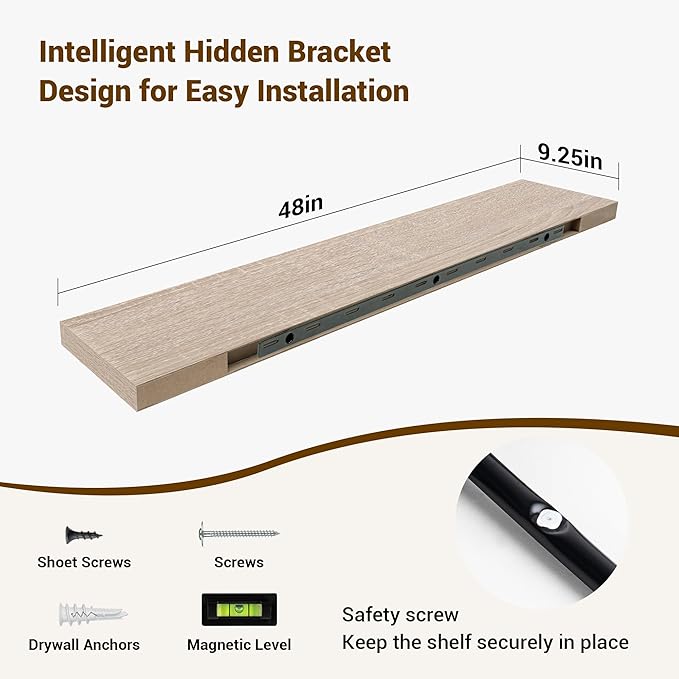 48 Inch Floating Shelves, 3D Textured Wood Grain, 48"x9.25"x1.5" Inch Deep Floating Shelves for Wall, Wooden Shelves for Bathroom, Bedroom, Living Room, Vintage White Oak-CasaMuseHome