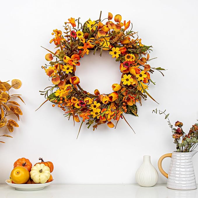 18 Inches Fall Wreaths for Front Door Rustic Autumn Wreath Farmhouse Fall Floral Wreaths with Tulips Phalaenopsis Orange Wildflowers for Wall Window Porch Indoor Outside Decor-CasaMuseHome